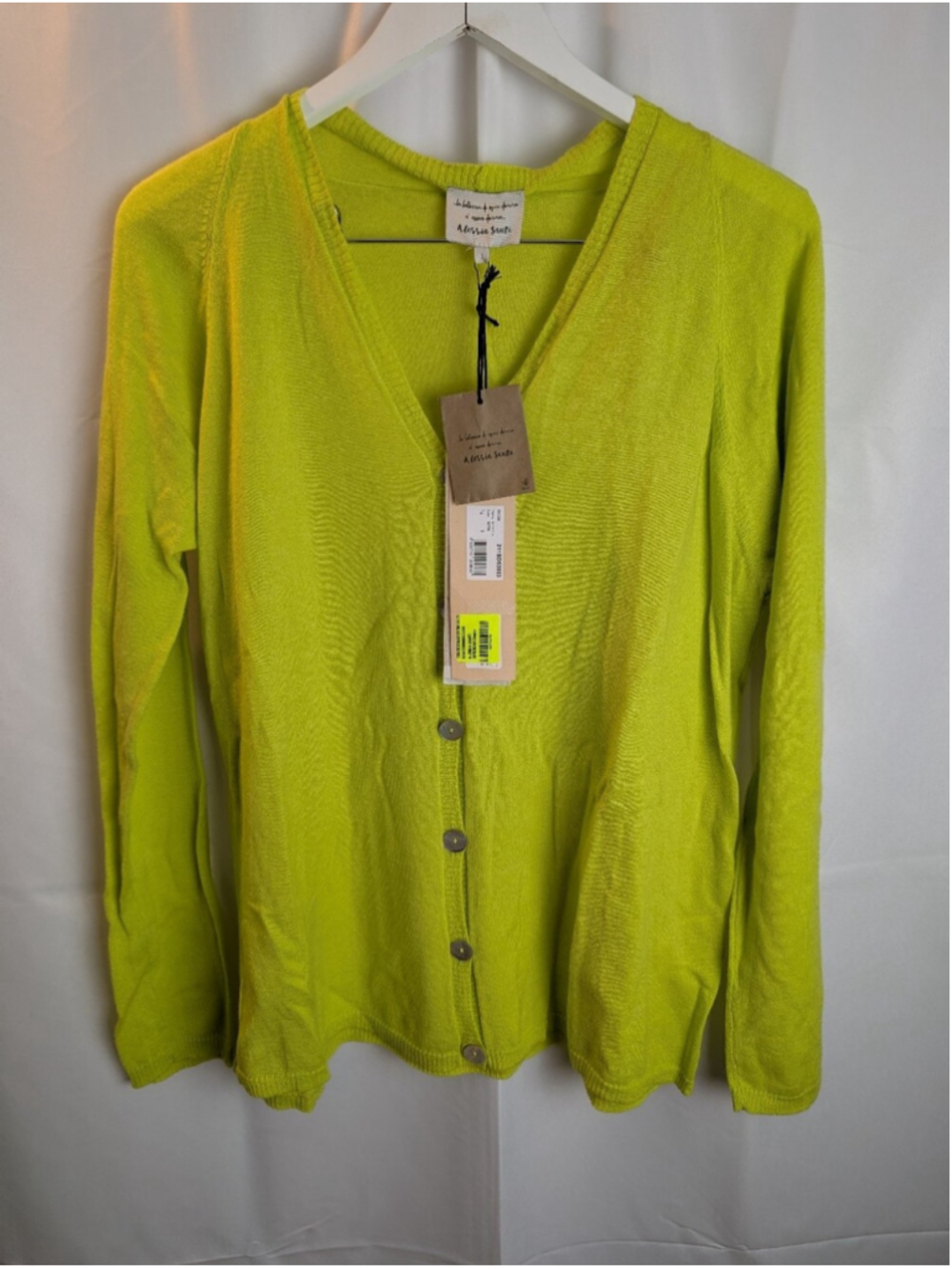 ALESSIA SANTI Lime Green Cotton Wool Knit Cardigan V-Neck Button Sweater size M